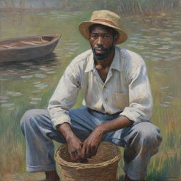 In the style of Claude Monet, depict an African American man engaged in strenuous labor. His body language and facial expressions convey both physical strain and enduring resilience. The vibrant impressionist strokes paint a powerful, emotionally charged scene.