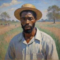 In the style of Claude Monet, depict an African American man engaged in strenuous labor. His body language and facial expressions convey both physical strain and enduring resilience. The vibrant impressionist strokes paint a powerful, emotionally charged scene.