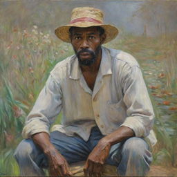 In the style of Claude Monet, depict an African American man engaged in strenuous labor. His body language and facial expressions convey both physical strain and enduring resilience. The vibrant impressionist strokes paint a powerful, emotionally charged scene.