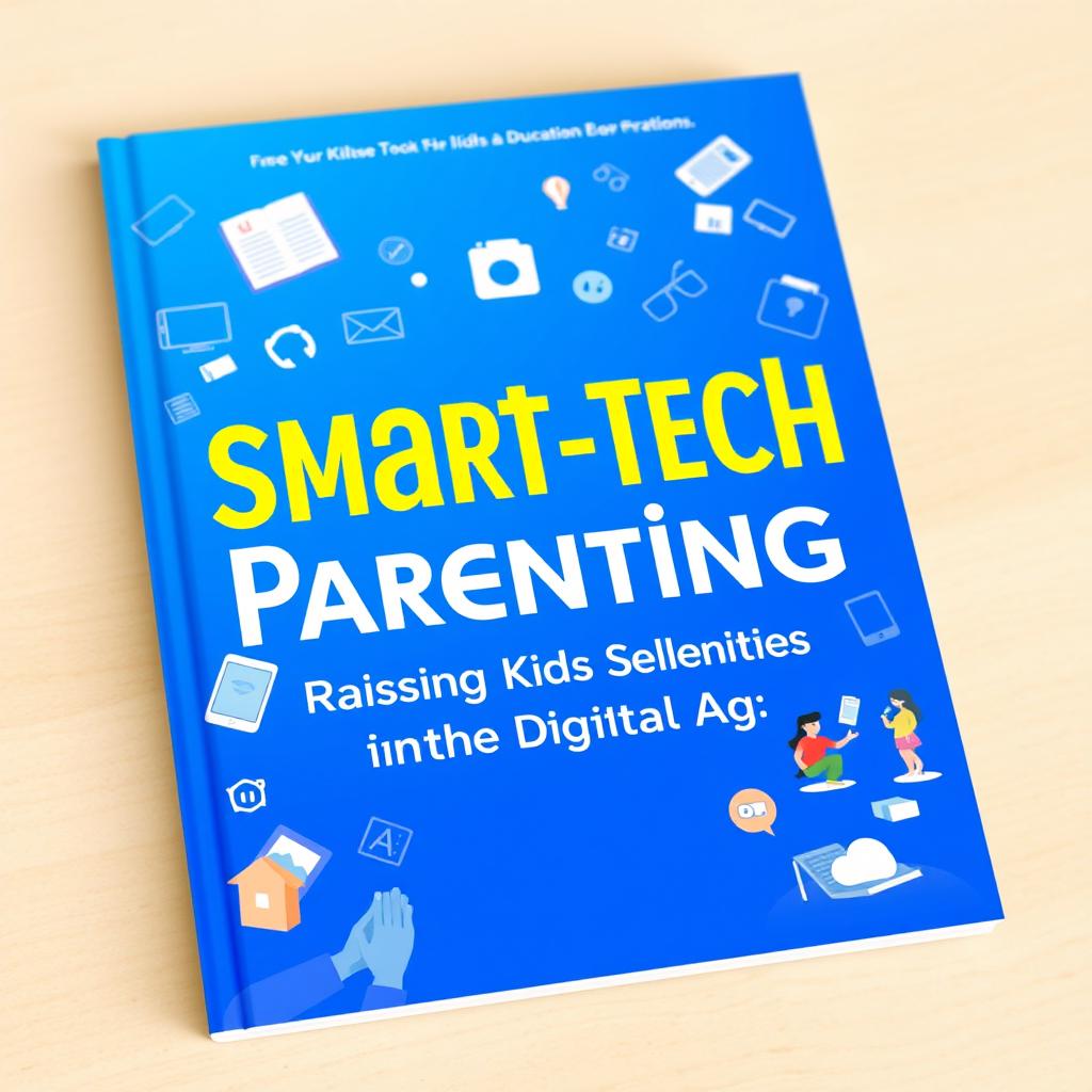 A vibrant blue ebook cover featuring the title "Smart-Tech Parenting: Raising Kids in the Digital Age" in an eye-catching, modern font