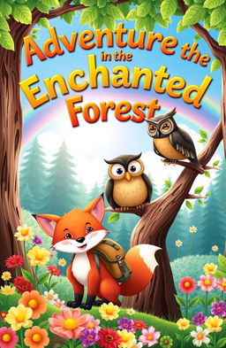 A whimsical children's book cover featuring a colorful forest with friendly animals