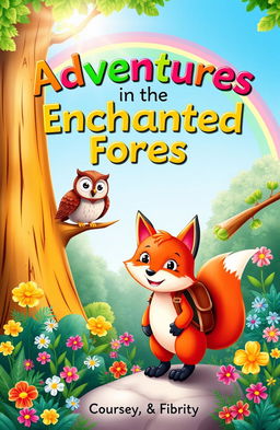 A whimsical children's book cover featuring a colorful forest with friendly animals