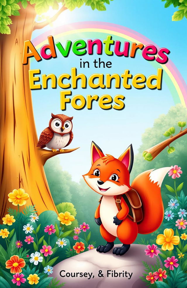 A whimsical children's book cover featuring a colorful forest with friendly animals