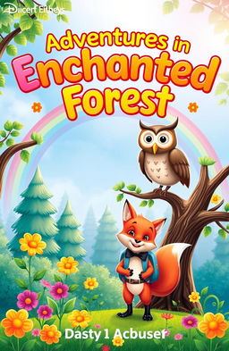 A whimsical children's book cover featuring a colorful forest with friendly animals