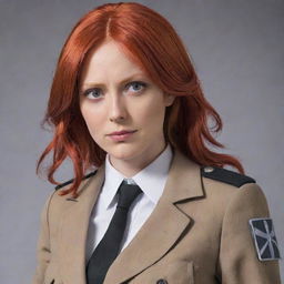 An impactful image of a 40-year-old, short statured lady with vampire-like pale skin and long, fiery red hair. She's dressed in the iconic Survey Corps uniform from Attack on Titan, personifying courage and resolve.