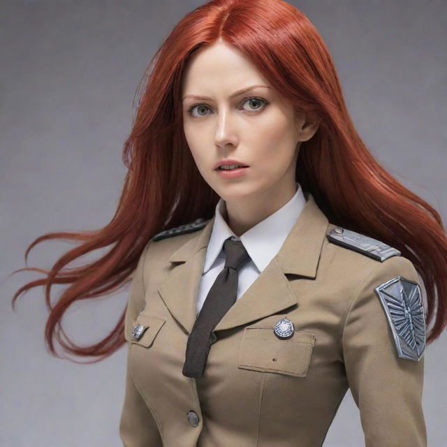 An impactful image of a 40-year-old, short statured lady with vampire-like pale skin and long, fiery red hair. She's dressed in the iconic Survey Corps uniform from Attack on Titan, personifying courage and resolve.