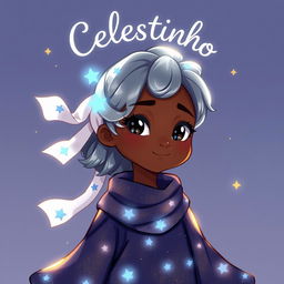 A character inspired by stars and constellations, with a youthful and vibrant appearance, depicted as a Black individual