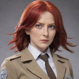 An impactful image of a 40-year-old, short statured lady with vampire-like pale skin and long, fiery red hair. She's dressed in the iconic Survey Corps uniform from Attack on Titan, personifying courage and resolve.