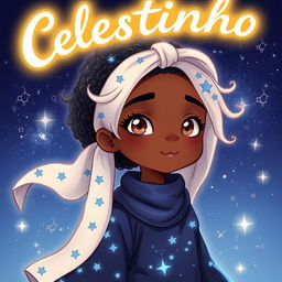 A character inspired by stars and constellations, with a youthful and vibrant appearance, depicted as a Black individual