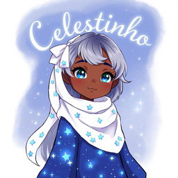 A character inspired by stars and constellations, with a youthful and vibrant appearance, depicted as a Black individual