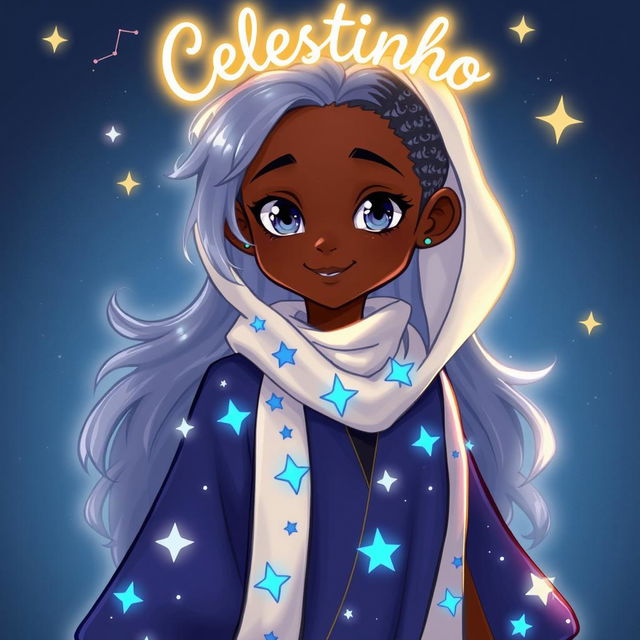 A character inspired by stars and constellations, with a youthful and vibrant appearance, depicted as a Black individual