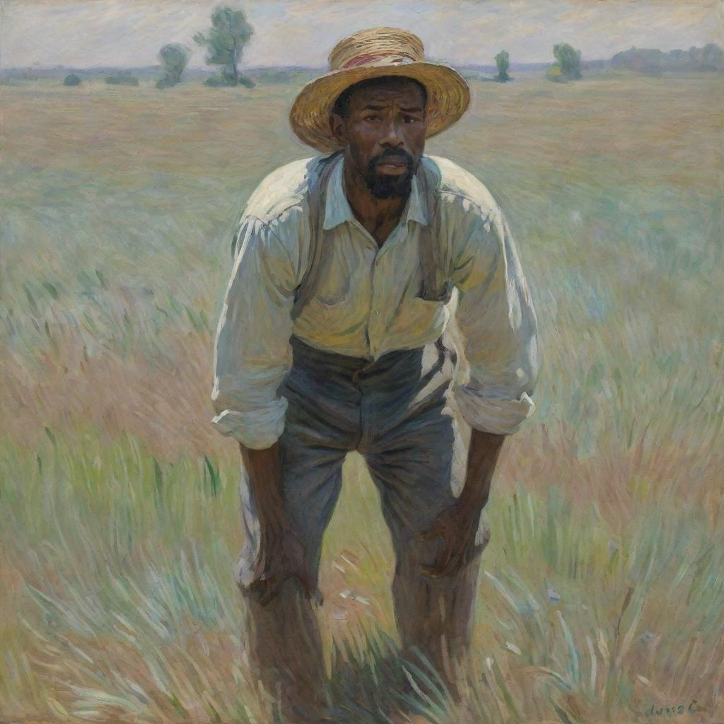 An African American man engaged in strenuous labor in a field, his body bent in exertion and face reflecting pain, captured in the vivid, impressionistic style of Claude Monet. The scene is intense, amplified by the dynamic brushstrokes of the artist.