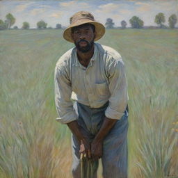 An African American man engaged in strenuous labor in a field, his body bent in exertion and face reflecting pain, captured in the vivid, impressionistic style of Claude Monet. The scene is intense, amplified by the dynamic brushstrokes of the artist.