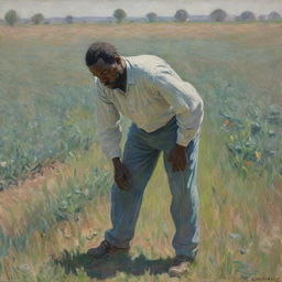 An African American man engaged in strenuous labor in a field, his body bent in exertion and face reflecting pain, captured in the vivid, impressionistic style of Claude Monet. The scene is intense, amplified by the dynamic brushstrokes of the artist.