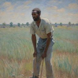 An African American man engaged in strenuous labor in a field, his body bent in exertion and face reflecting pain, captured in the vivid, impressionistic style of Claude Monet. The scene is intense, amplified by the dynamic brushstrokes of the artist.