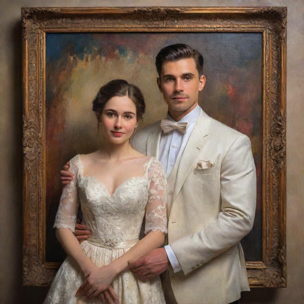 A newly married couple posing elegantly in classic attire, framed with their emotions prominently displayed, bathed in the intricate brushwork, depth of colour, and rich textures typical of a classical oil painting.