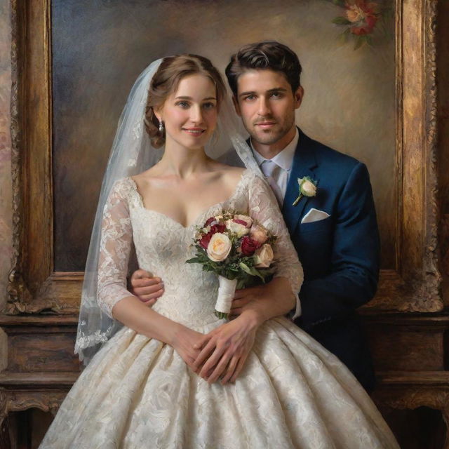 A newly married couple posing elegantly in classic attire, framed with their emotions prominently displayed, bathed in the intricate brushwork, depth of colour, and rich textures typical of a classical oil painting.