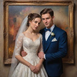 A newly married couple posing elegantly in classic attire, framed with their emotions prominently displayed, bathed in the intricate brushwork, depth of colour, and rich textures typical of a classical oil painting.