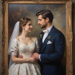 A newly married couple posing elegantly in classic attire, framed with their emotions prominently displayed, bathed in the intricate brushwork, depth of colour, and rich textures typical of a classical oil painting.