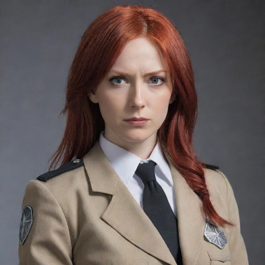 A striking portrait of a 40-year-old, petite lady with vampire-like pale skin and long, ravishing red hair. She's dressed in the classic Survey Corps uniform from Attack on Titan, showcasing an essence of bravery and vigour.