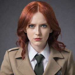 A striking portrait of a 40-year-old, petite lady with vampire-like pale skin and long, ravishing red hair. She's dressed in the classic Survey Corps uniform from Attack on Titan, showcasing an essence of bravery and vigour.