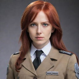 A striking portrait of a 40-year-old, petite lady with vampire-like pale skin and long, ravishing red hair. She's dressed in the classic Survey Corps uniform from Attack on Titan, showcasing an essence of bravery and vigour.