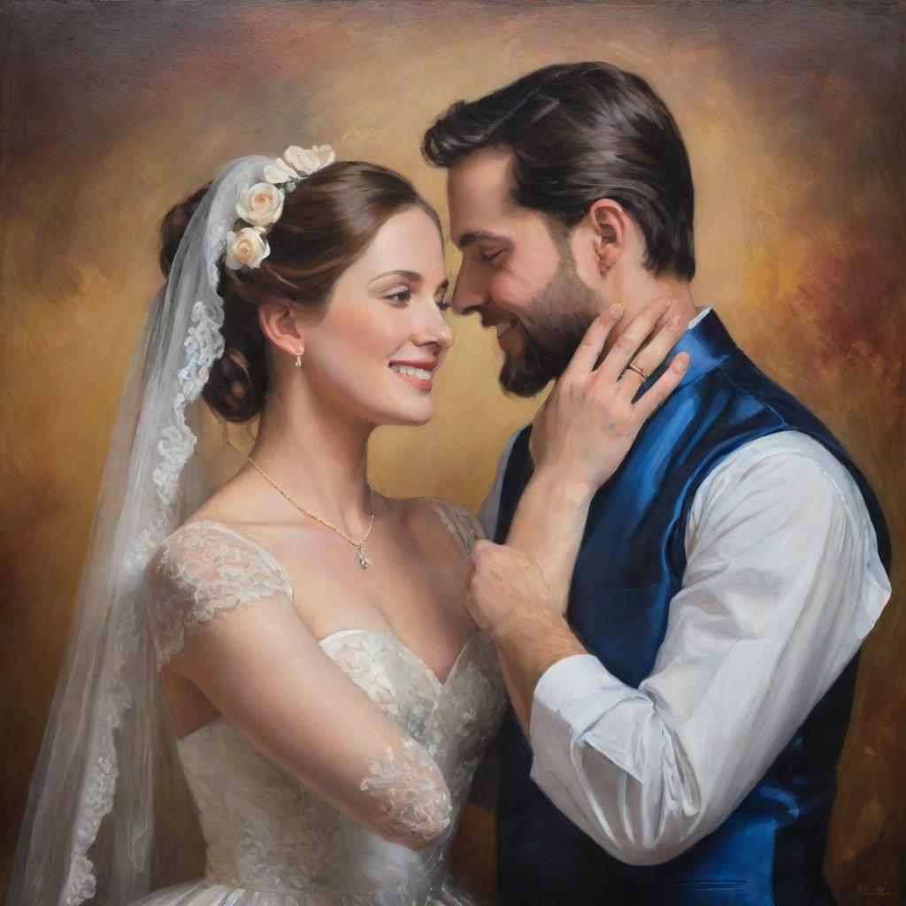 A newlywed couple in a loving pose, adorned in classical attire, capturing their blissful radiance and charm, embodied through the richness and depth of a traditional oil painting.