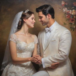 A newlywed couple in a loving pose, adorned in classical attire, capturing their blissful radiance and charm, embodied through the richness and depth of a traditional oil painting.