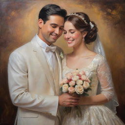 A newlywed couple in a loving pose, adorned in classical attire, capturing their blissful radiance and charm, embodied through the richness and depth of a traditional oil painting.