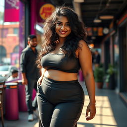 A confident and alluring Indian plus-size model posing in a casual yet stylish setting, wearing sexy tight churidar pants that accentuate her curves, with a hot belly that shows off her abs
