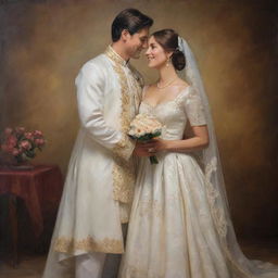 A newlywed couple in a loving pose, adorned in classical attire, capturing their blissful radiance and charm, embodied through the richness and depth of a traditional oil painting.