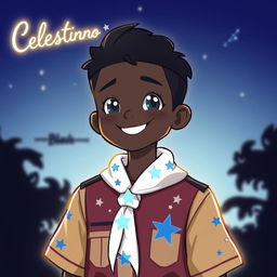 A character inspired by constellations, with a youthful and vibrant appearance, depicted as a Black scout from Brazil
