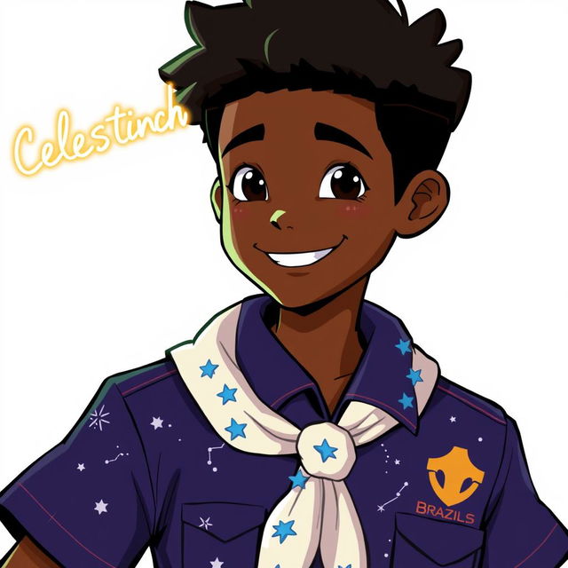 A character inspired by constellations, with a youthful and vibrant appearance, depicted as a Black scout from Brazil