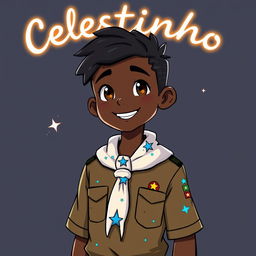 A character inspired by constellations, with a youthful and vibrant appearance, depicted as a Black scout from Brazil
