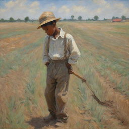 In the style of Claude Monet, portray an African American boy working hard on a field, his posture and face reflecting the strain and discomfort. The scene is infused with dynamic, impressionistic strokes, enhancing its emotional depth and intensity.