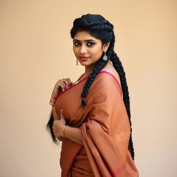 A hot, curvy South Indian woman, showcasing her beautiful long single plaited hairstyle