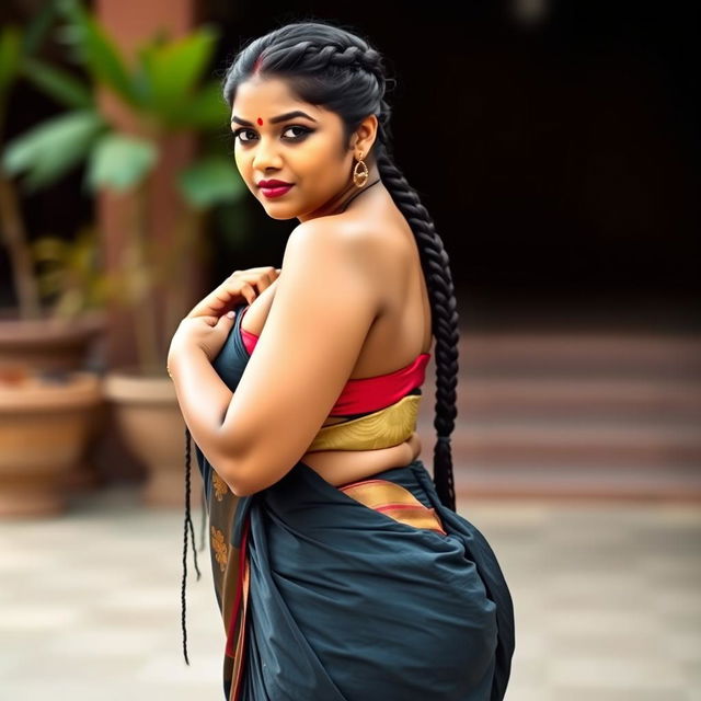 A hot, curvy South Indian woman, showcasing her beautiful long single plaited hairstyle