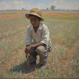 In the style of Claude Monet, portray an African American boy working hard on a field, his posture and face reflecting the strain and discomfort. The scene is infused with dynamic, impressionistic strokes, enhancing its emotional depth and intensity.