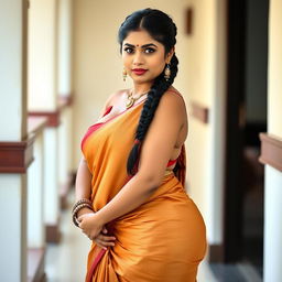A hot, curvy South Indian woman, showcasing her beautiful long single plaited hairstyle