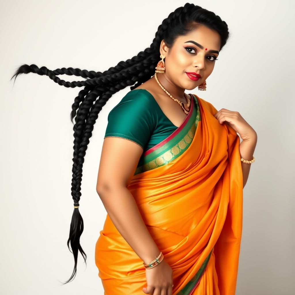 A hot, curvy South Indian woman, showcasing her beautiful long single plaited hairstyle