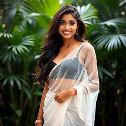 A beautiful young South Indian woman dressed in a stunning white transparent saree that elegantly reveals a black fitted bra underneath