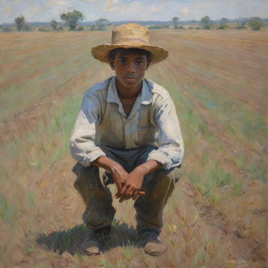 In the style of Claude Monet, portray an African American boy working hard on a field, his posture and face reflecting the strain and discomfort. The scene is infused with dynamic, impressionistic strokes, enhancing its emotional depth and intensity.