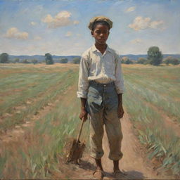 In the style of Claude Monet, portray an African American boy working hard on a field, his posture and face reflecting the strain and discomfort. The scene is infused with dynamic, impressionistic strokes, enhancing its emotional depth and intensity.