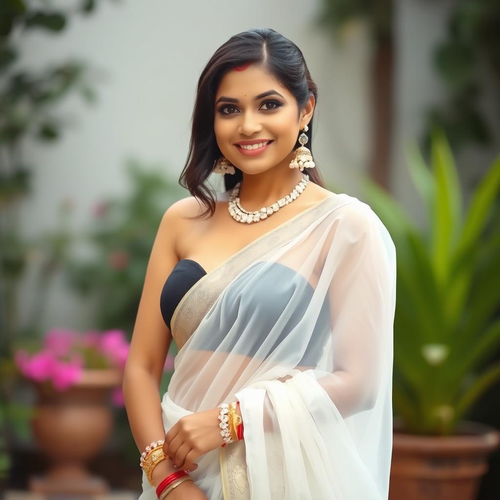 A stunning South Indian woman wearing a beautifully draped white transparent saree that gracefully reveals a stylish black fitted bra underneath