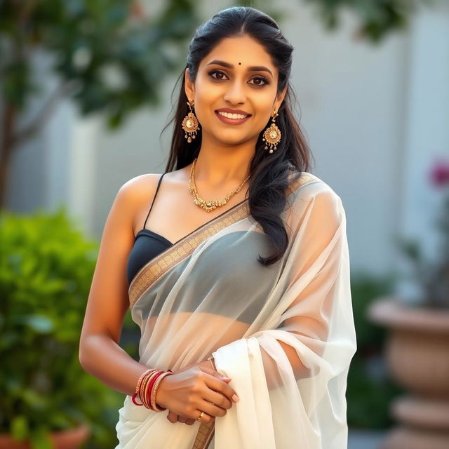 A stunning South Indian woman wearing a beautifully draped white transparent saree that gracefully reveals a stylish black fitted bra underneath