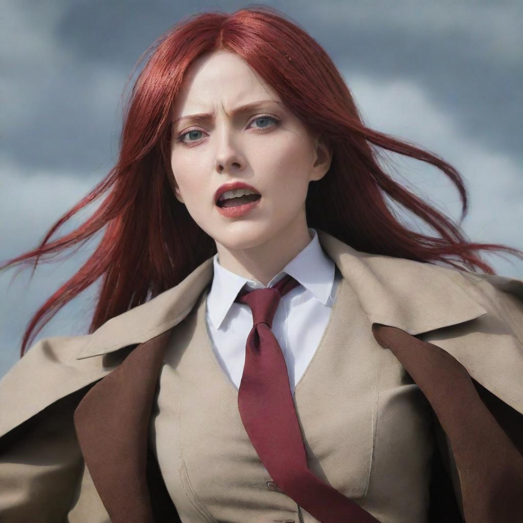 A captivating image of a 40-year-old, short-statured lady with vampire-like pale skin and long, brilliant red hair, dressed in classic attire from Attack on Titan, projecting an air of strength and determination.