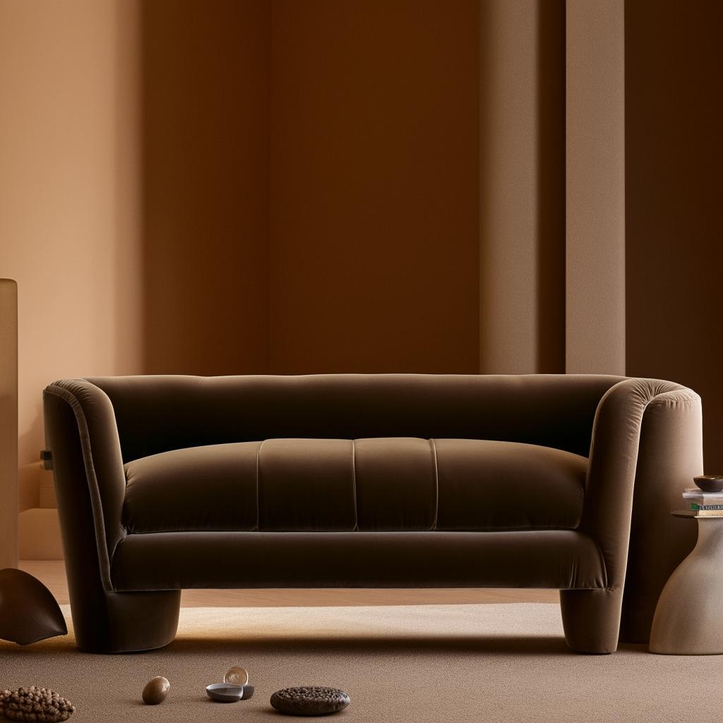 A cozy, inviting sofa, upholstered in soft velvet fabric, in a warm living room setting, with ambient lighting.