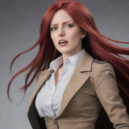 A captivating image of a 40-year-old, short-statured lady with vampire-like pale skin and long, brilliant red hair, dressed in classic attire from Attack on Titan, projecting an air of strength and determination.