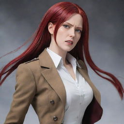 A captivating image of a 40-year-old, short-statured lady with vampire-like pale skin and long, brilliant red hair, dressed in classic attire from Attack on Titan, projecting an air of strength and determination.