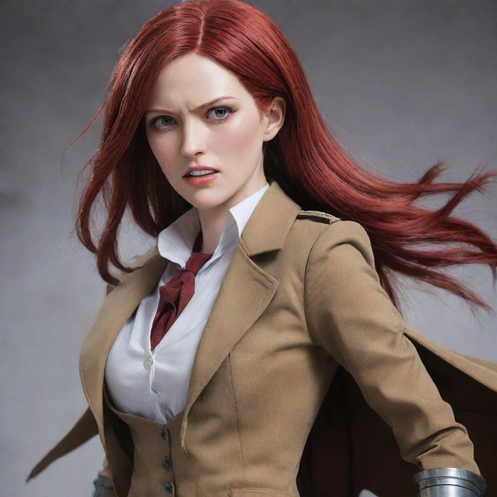 A captivating image of a 40-year-old, short-statured lady with vampire-like pale skin and long, brilliant red hair, dressed in classic attire from Attack on Titan, projecting an air of strength and determination.